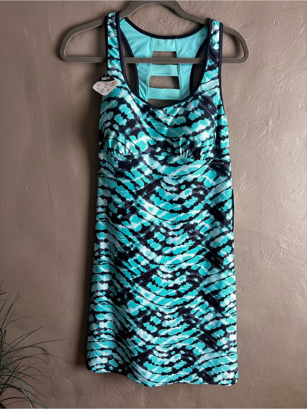 Aqua & Navy Patterned Tank Dress